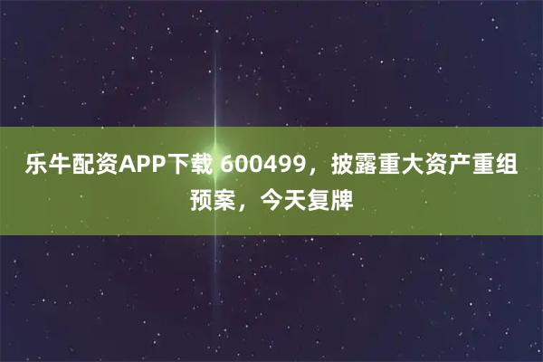 乐牛配资APP下载 600499，披露重大资产重组预案，今天复牌